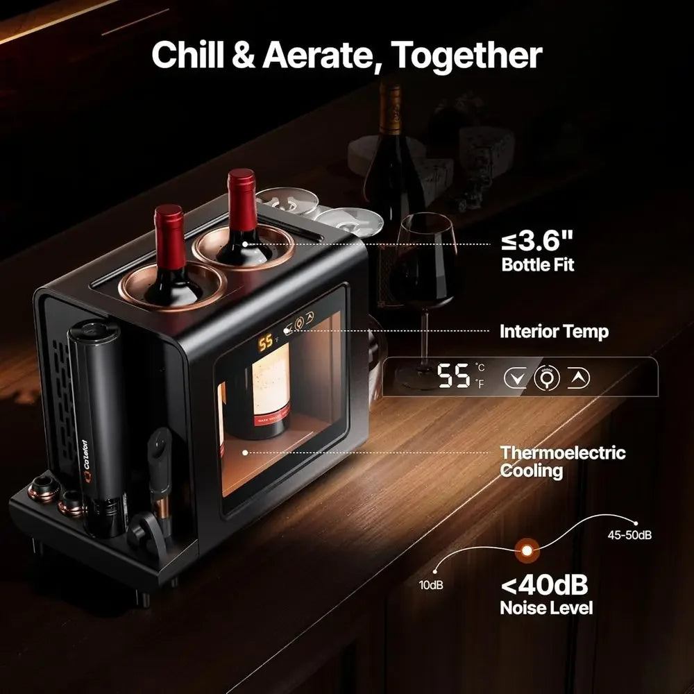 Electric Wine Chiller Set | 46–64°F Wine Cooler for 2 Standard Bottles (3.6” Diameter) with Electric Opener & 2 Glasses | All-in-One Wine Gift Set for Home Use