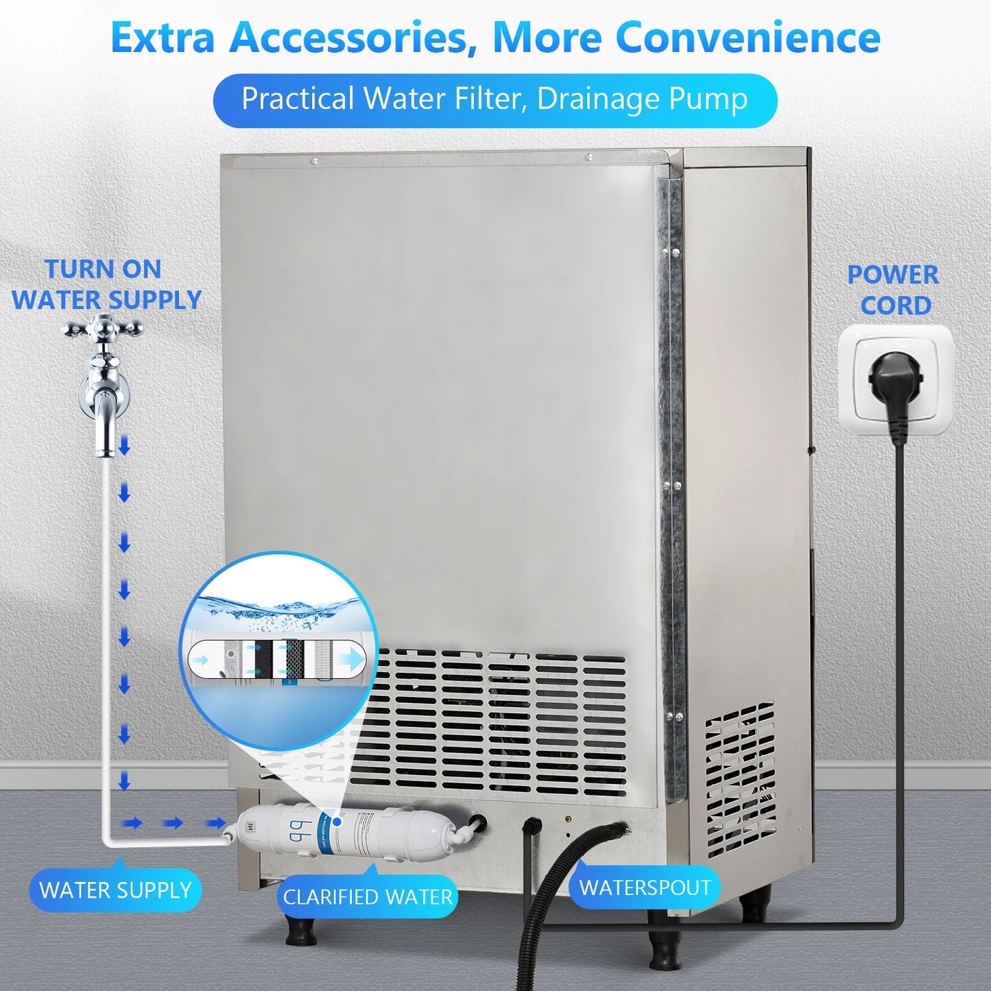 Commercial Ice Maker 110–264 LBS/24H – Stainless Steel Under Counter Ice Machine, Auto Operation for Home, Bar & Café
