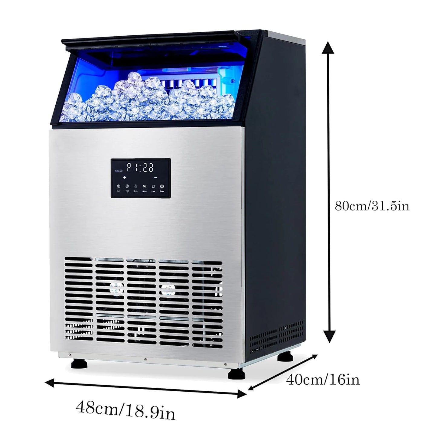 Commercial Ice Maker 100 LBS/24H – Under Counter & Freestanding, 40 LBS Storage Bin, Fast 15-Min Ice, Auto Clean Stainless Steel Ice Machine