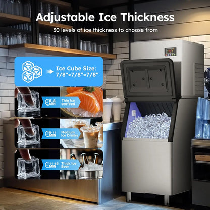 Commercial Ice Machine 680 LBS/24H – 560 LBS Storage Bin, 132 Cubes per Cycle, Fast 5–12 Min Ice, Heavy-Duty Industrial Stainless Steel Ice Maker with Self-Cleaning
