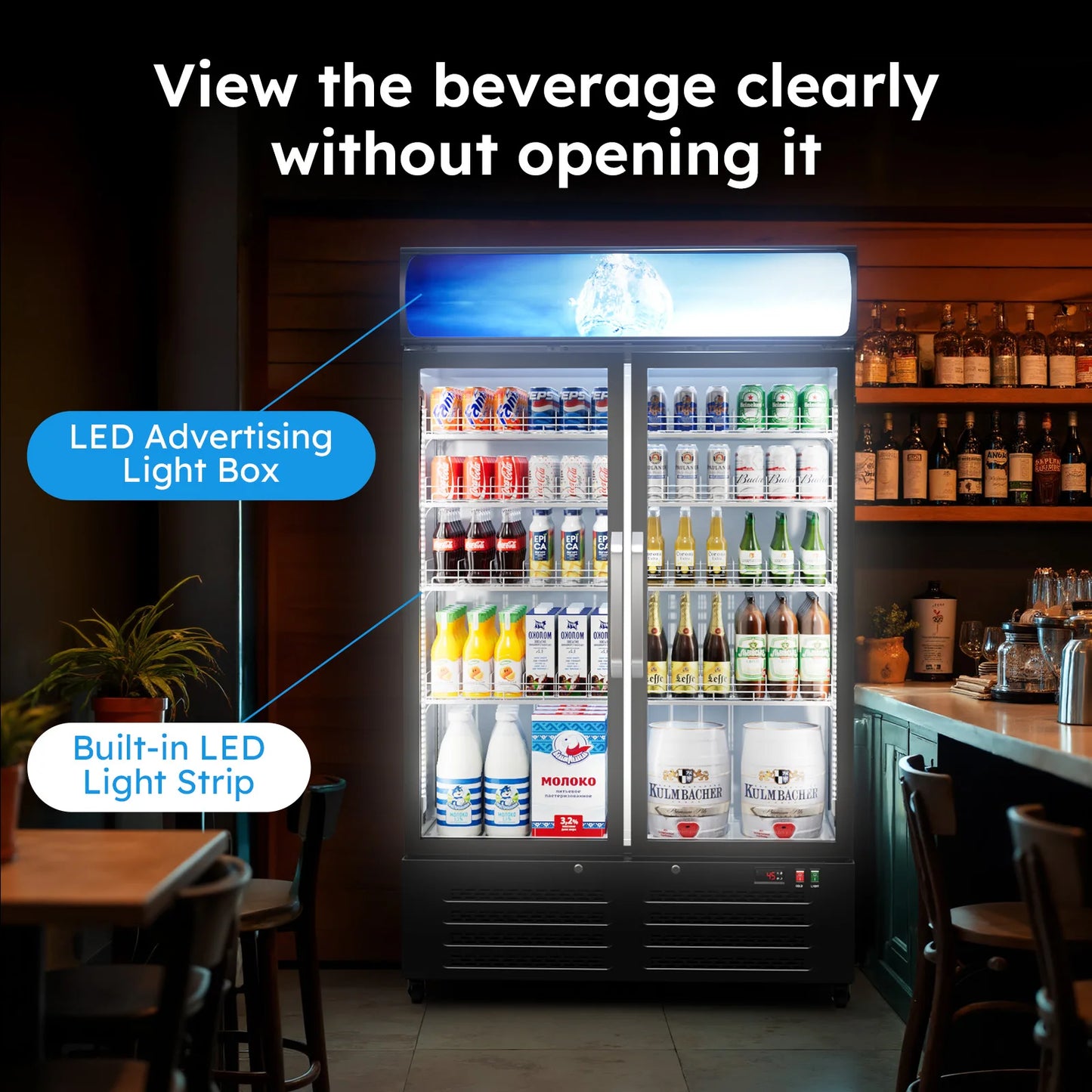 28 Cu Ft Commercial Beverage Merchandiser Refrigerator – Double Glass Door, Built-in & Front LED Lighting, Display Fridge for Retail, Convenience Store & Café