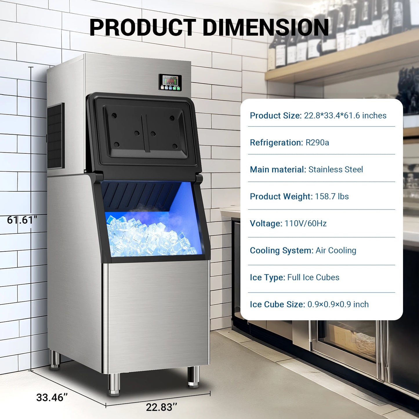 Commercial Ice Maker 650 LBS/24H – 400 LBS Storage Bin, Industrial Heavy Duty Ice Machine with 6 Air Cooling System, 156 Cubes in 5–12 Min