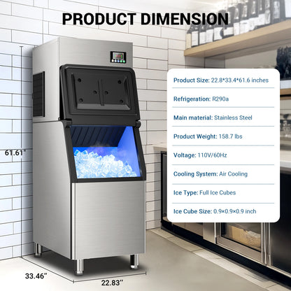 Commercial Ice Maker 650 LBS/24H – 400 LBS Storage Bin, Industrial Heavy Duty Ice Machine with 6 Air Cooling System, 156 Cubes in 5–12 Min
