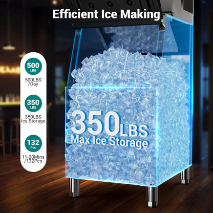 Commercial Ice Maker 350 LBS Storage – 132 Cubes per Cycle, Fast 5–15 Min Ice, Adjustable Ice Thickness, Heavy-Duty Industrial Ice Machine