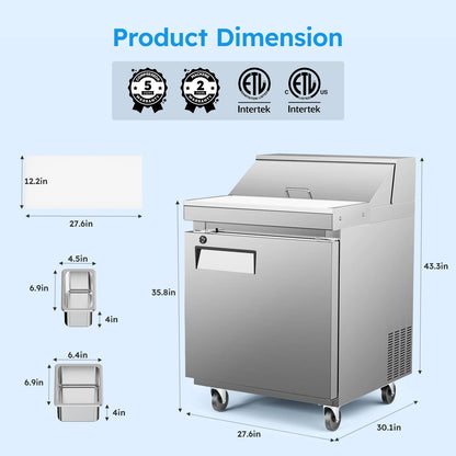 27" Commercial Sandwich & Salad Prep Table Refrigerator – 11.6 Cu.Ft Frost-Free Food Prep Fridge for Restaurant, Bar & Kitchen
