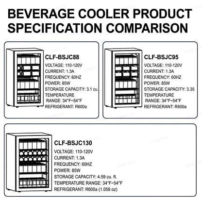 Beverage Cooler – 3.1/3.35/4.59 Cu.Ft (88/95/130L), Single Temperature Zone, Direct Cooling Beer & Drink Refrigerator with LED Ambient Lighting, for Kitchen, Office, Living Room & Bar Counter