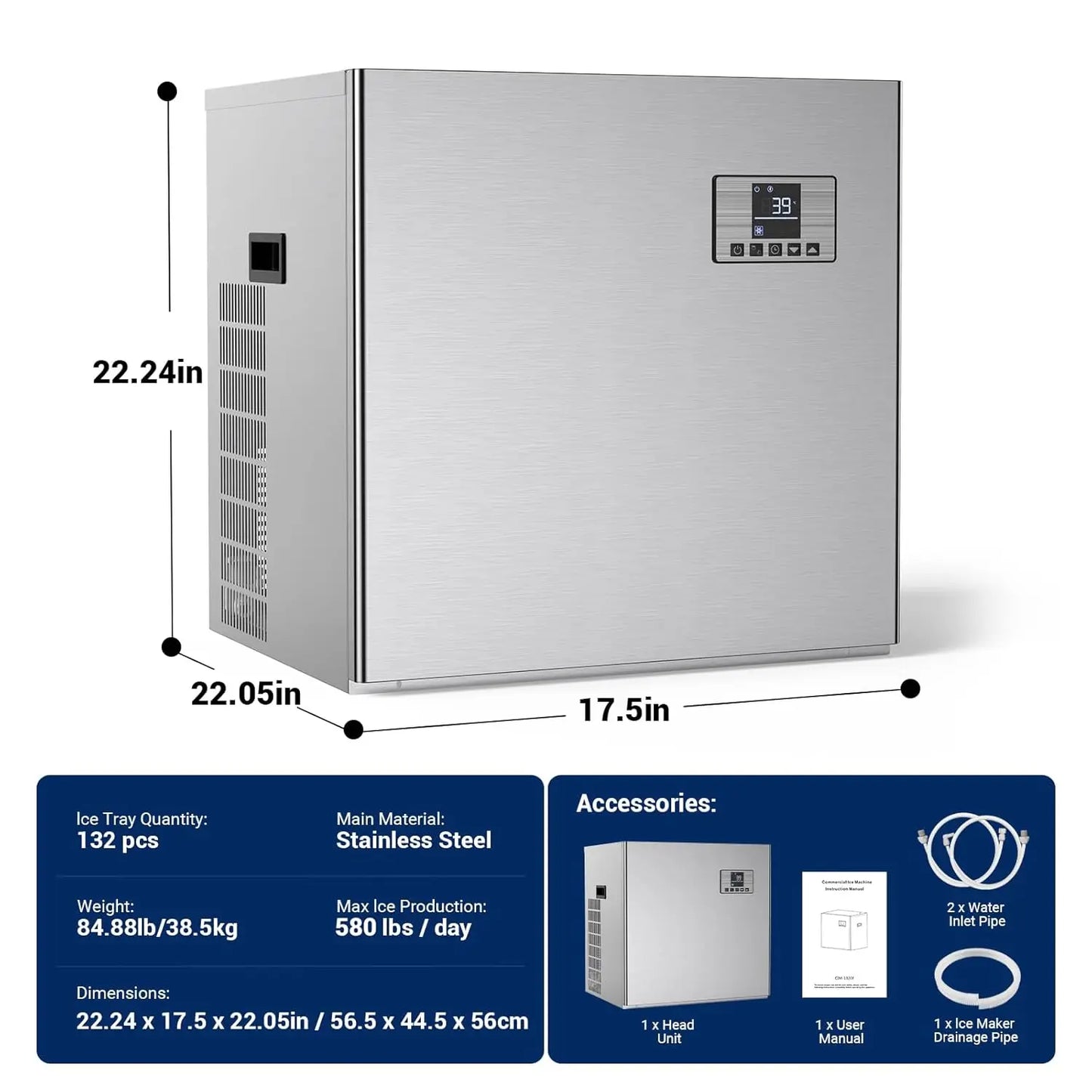 Commercial Ice Maker 580 LBS/24H – 300 LBS Storage Bin, 132 Cubes per Cycle, Heavy-Duty Stainless Steel Ice Machine with Adjustable Feet
