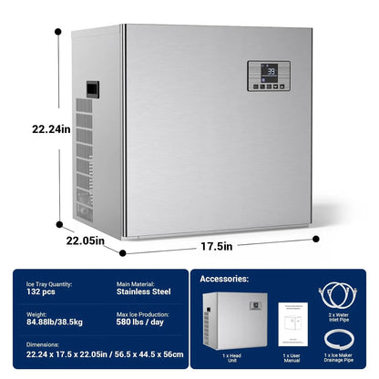 Commercial Ice Maker 580 LBS/24H – 300 LBS Storage Bin, 132 Cubes per Cycle, Heavy-Duty Stainless Steel Ice Machine with Adjustable Feet