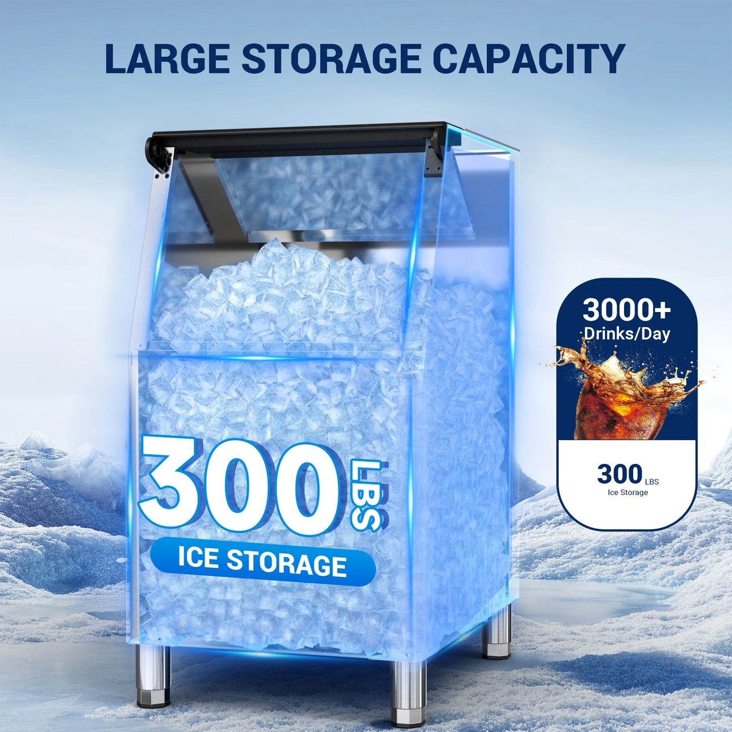 Commercial Ice Maker 580 LBS/24H – 300 LBS Storage Bin, 132 Cubes per Cycle, Heavy-Duty Stainless Steel Ice Machine with Adjustable Feet