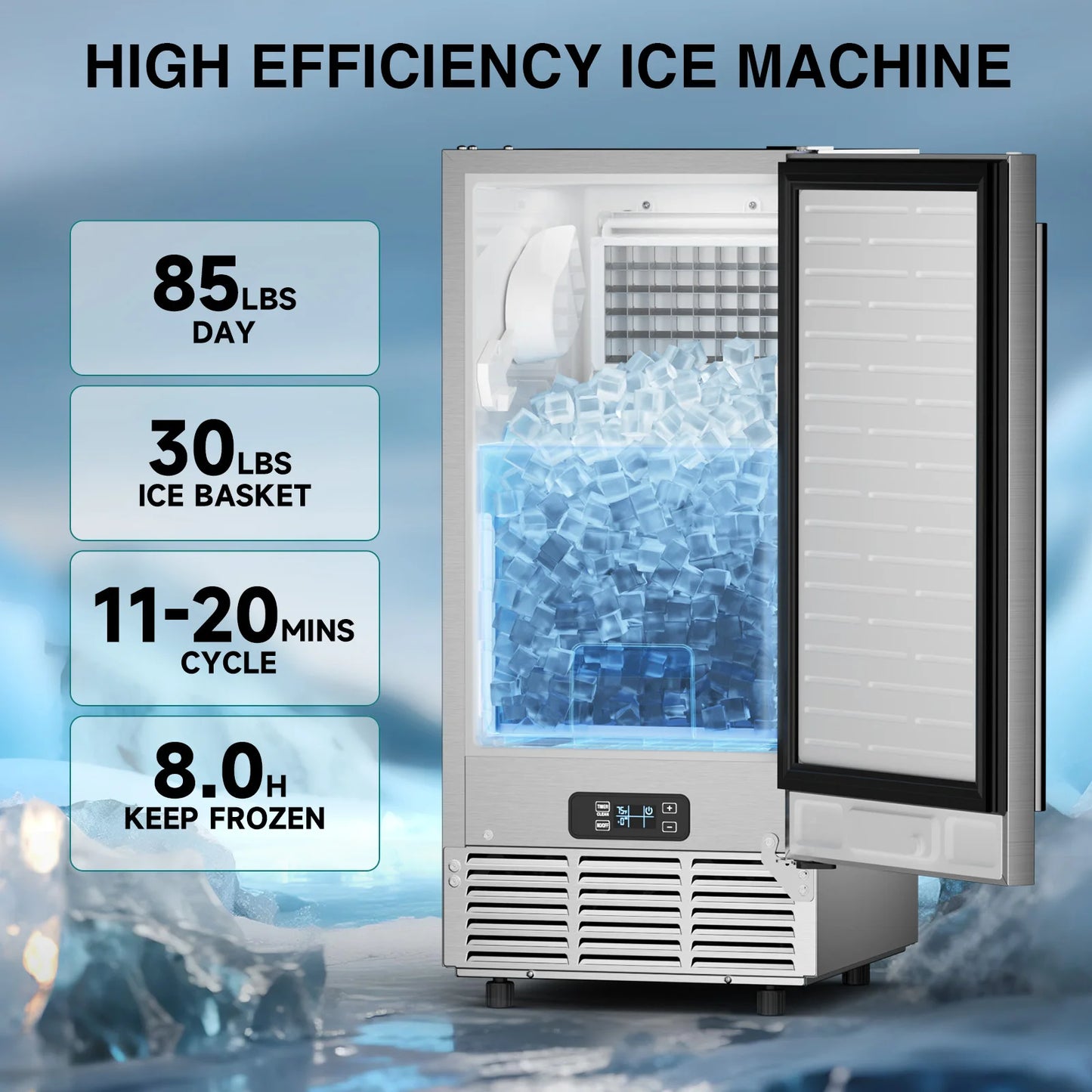 15" Commercial Under Counter Ice Maker 85 LBS/24H – Built-In/Freestanding Ice Machine, 30 LBS Storage Bin, Auto Cleaning & Gravity Drainage for Home, Bar & Kitchen