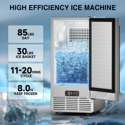 15" Commercial Under Counter Ice Maker 85 LBS/24H – Built-In/Freestanding Ice Machine, 30 LBS Storage Bin, Auto Cleaning & Gravity Drainage for Home, Bar & Kitchen