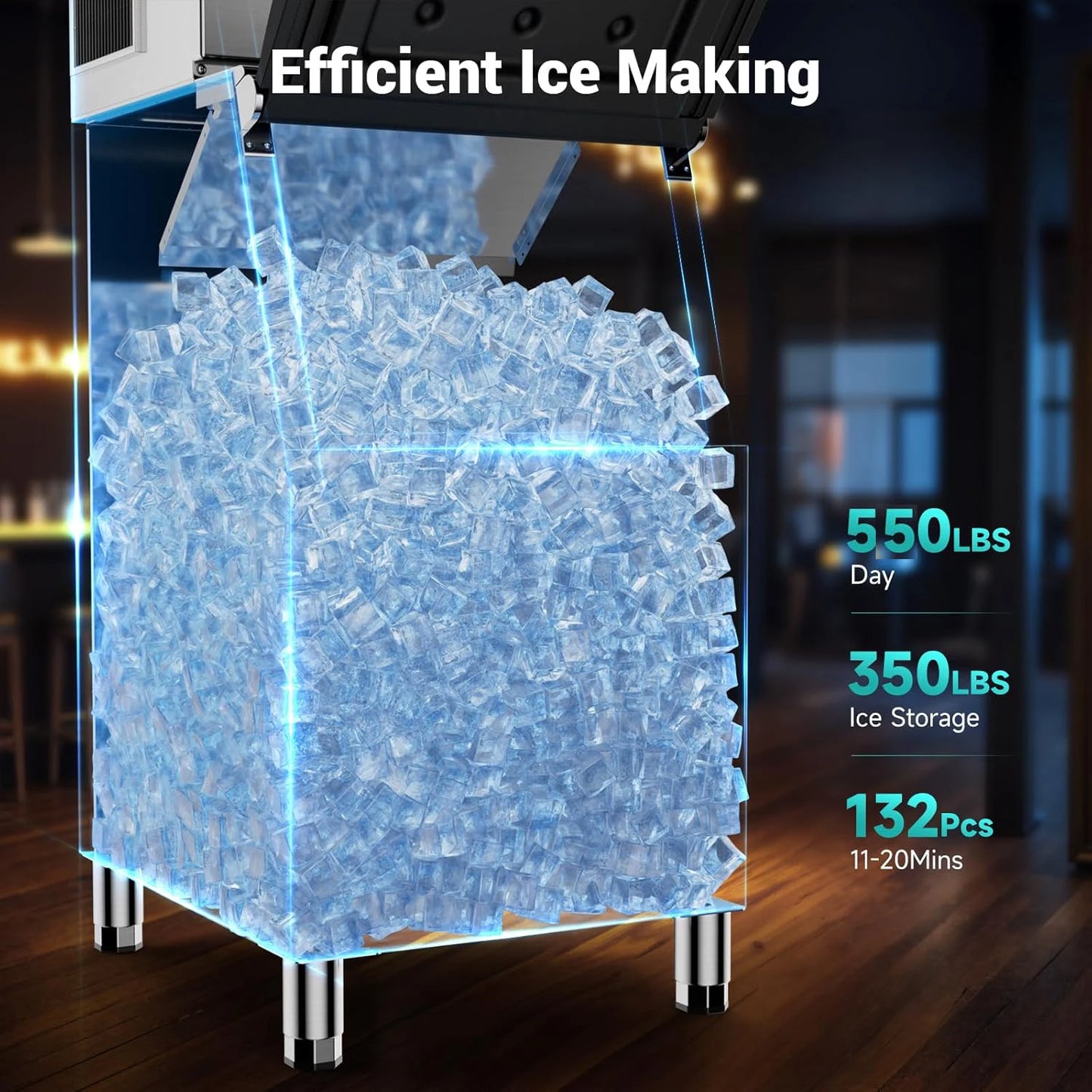 Commercial Ice Maker 350 LBS Storage – 132 Cubes per Cycle, Fast 5–15 Min Ice, Adjustable Ice Thickness, Heavy-Duty Industrial Ice Machine