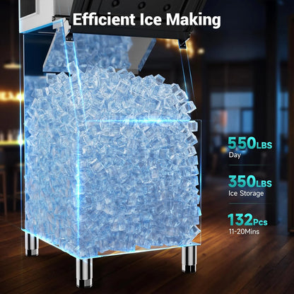 Commercial Ice Maker 350 LBS Storage – 132 Cubes per Cycle, Fast 5–15 Min Ice, Adjustable Ice Thickness, Heavy-Duty Industrial Ice Machine
