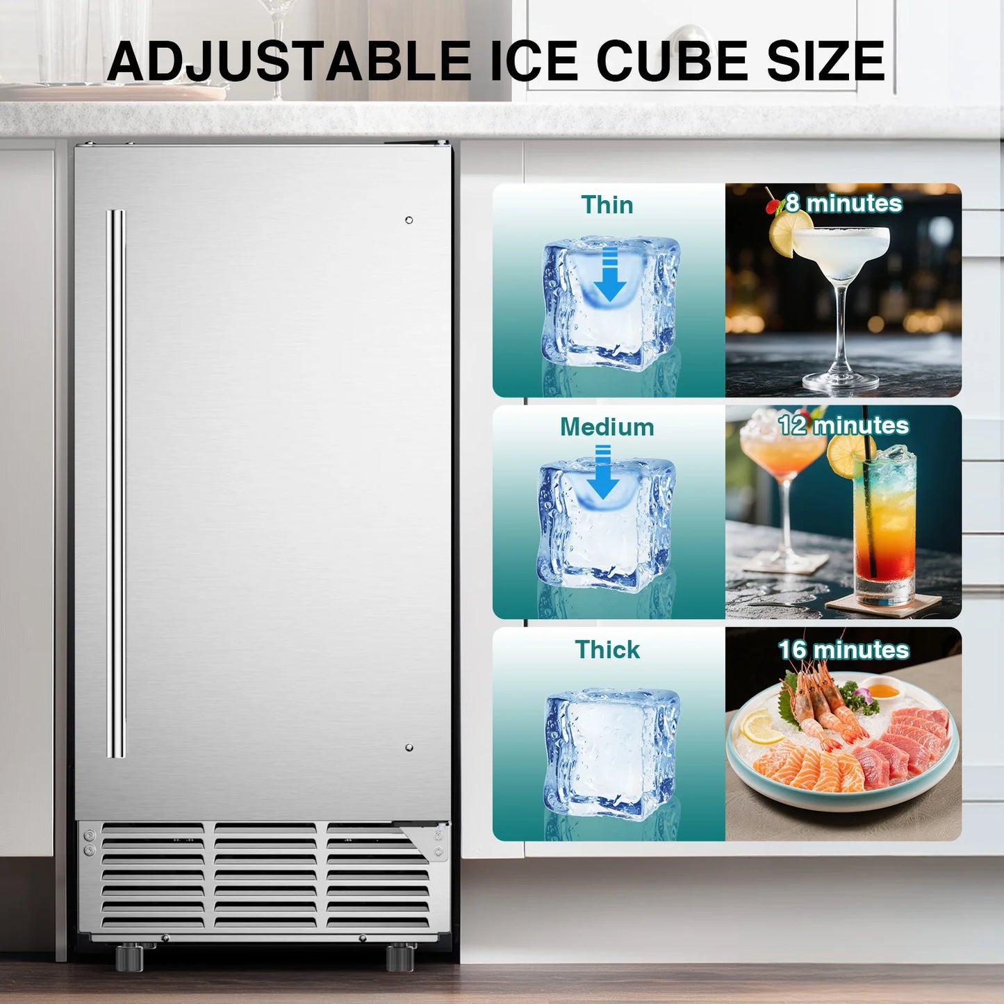 15" Commercial Under Counter Ice Maker 85 LBS/24H – Built-In/Freestanding Ice Machine, 30 LBS Storage Bin, Auto Cleaning & Gravity Drainage for Home, Bar & Kitchen