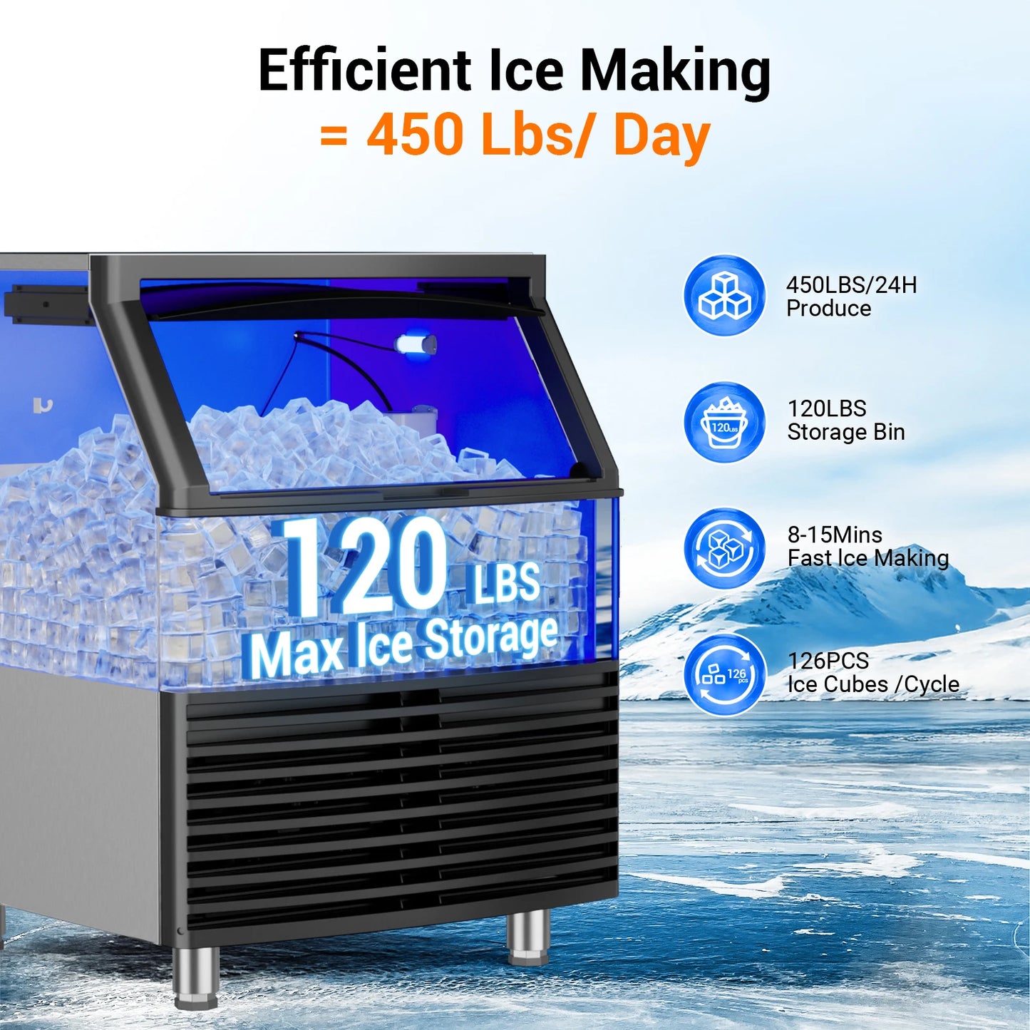 Commercial Ice Maker 450 LBS/Day Under Counter – 120 LBS Storage Bin, Heavy Duty Ice Machine for Restaurant Bar Hotel