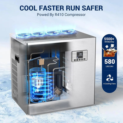Commercial Ice Maker 580 LBS/24H – 300 LBS Storage Bin, 132 Cubes per Cycle, Heavy-Duty Stainless Steel Ice Machine with Adjustable Feet