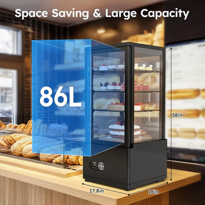 3 Cu Ft (86L) Commercial Refrigerated Display Case – Glass Door Pastry Display Fridge with LED Lighting for Bakery, Café & Dessert Shops