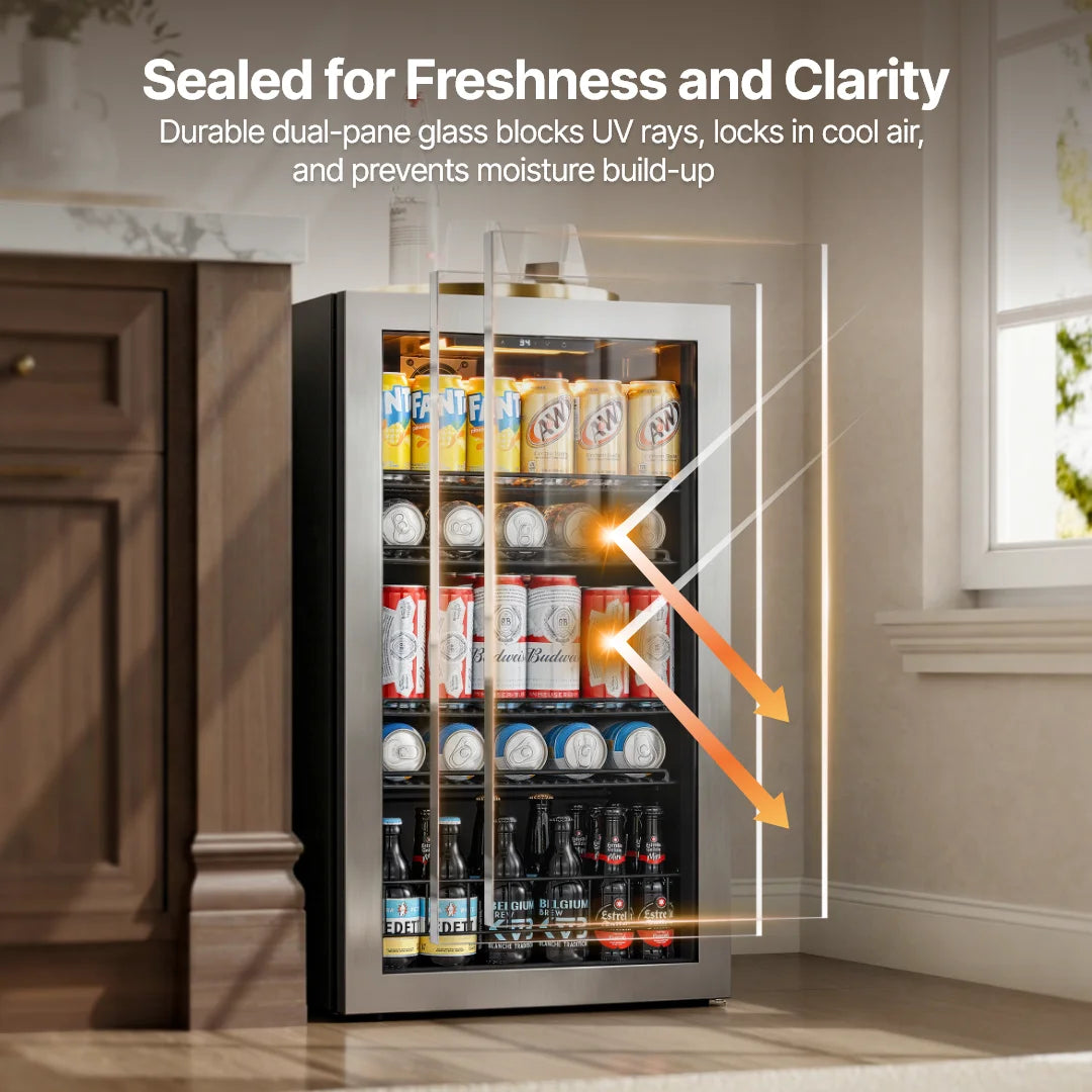 Beverage Cooler – 3.1/3.35/4.59 Cu.Ft (88/95/130L), Single Temperature Zone, Direct Cooling Beer & Drink Refrigerator with LED Ambient Lighting, for Kitchen, Office, Living Room & Bar Counter