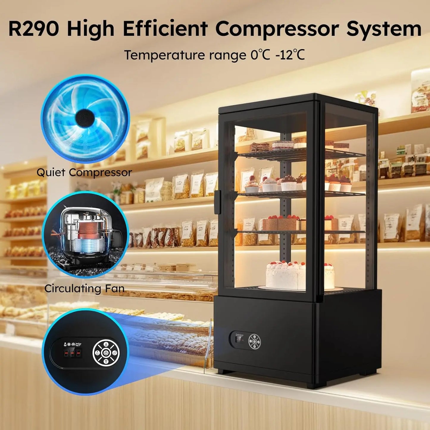 3 Cu Ft (86L) Commercial Refrigerated Display Case – Glass Door Pastry Display Fridge with LED Lighting for Bakery, Café & Dessert Shops