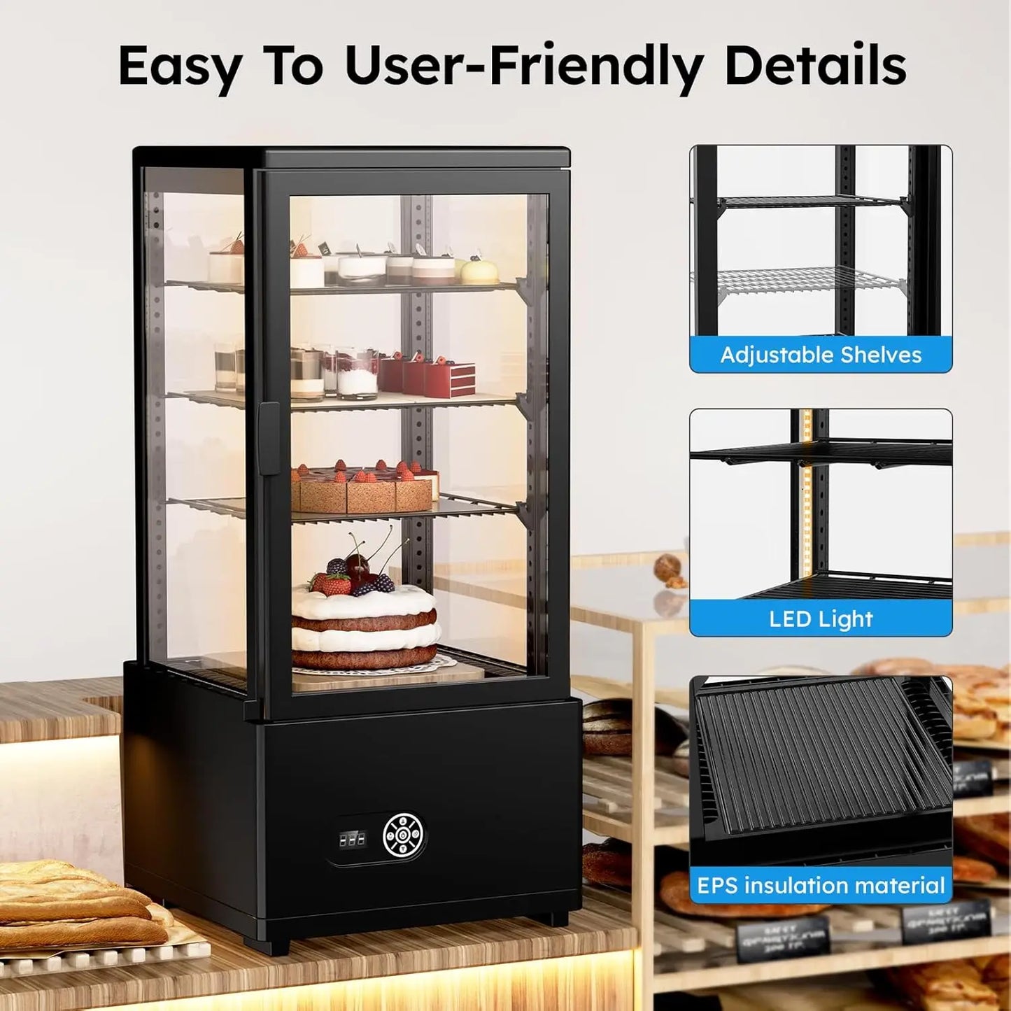 3 Cu Ft (86L) Commercial Refrigerated Display Case – Glass Door Pastry Display Fridge with LED Lighting for Bakery, Café & Dessert Shops