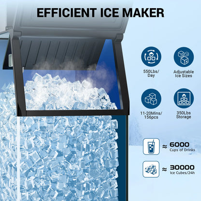 Commercial Ice Maker 650 LBS/24H – 400 LBS Storage Bin, Industrial Heavy Duty Ice Machine with 6 Air Cooling System, 156 Cubes in 5–12 Min