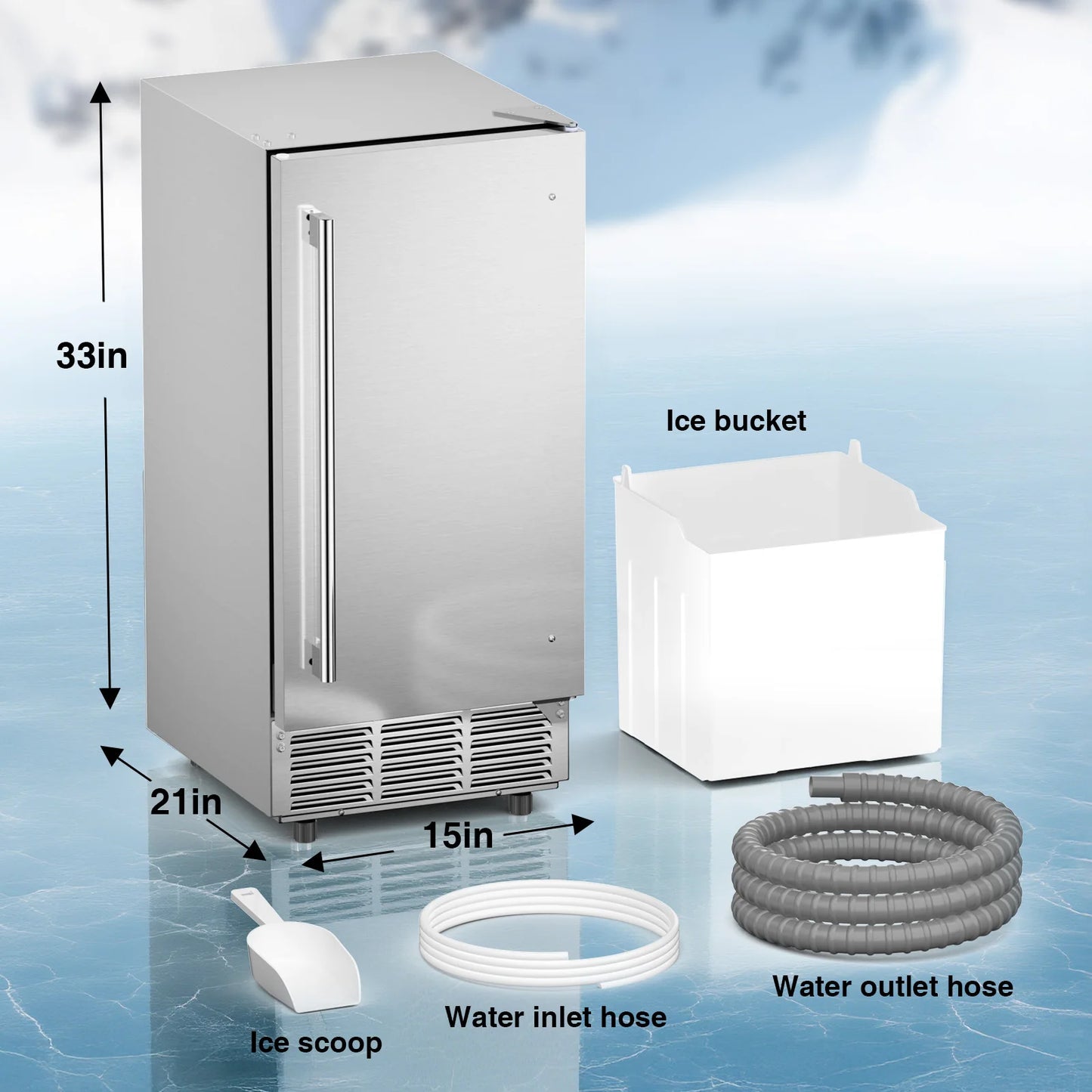 15" Commercial Under Counter Ice Maker 85 LBS/24H – Built-In/Freestanding Ice Machine, 30 LBS Storage Bin, Auto Cleaning & Gravity Drainage for Home, Bar & Kitchen