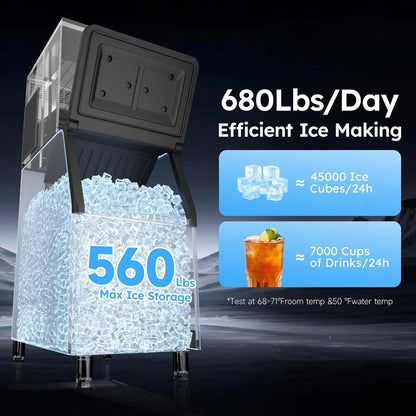 Commercial Ice Machine 680 LBS/24H – 560 LBS Storage Bin, 132 Cubes per Cycle, Fast 5–12 Min Ice, Heavy-Duty Industrial Stainless Steel Ice Maker with Self-Cleaning