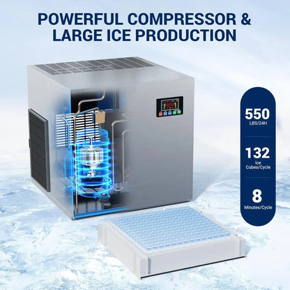Commercial Ice Maker 550 LBS/24H – 360 LBS Storage Bin, 132 Cubes per Cycle, Fast 5–12 Min Ice, Heavy-Duty Stainless Steel Ice Machine with Self-Cleaning & Upgraded Compres