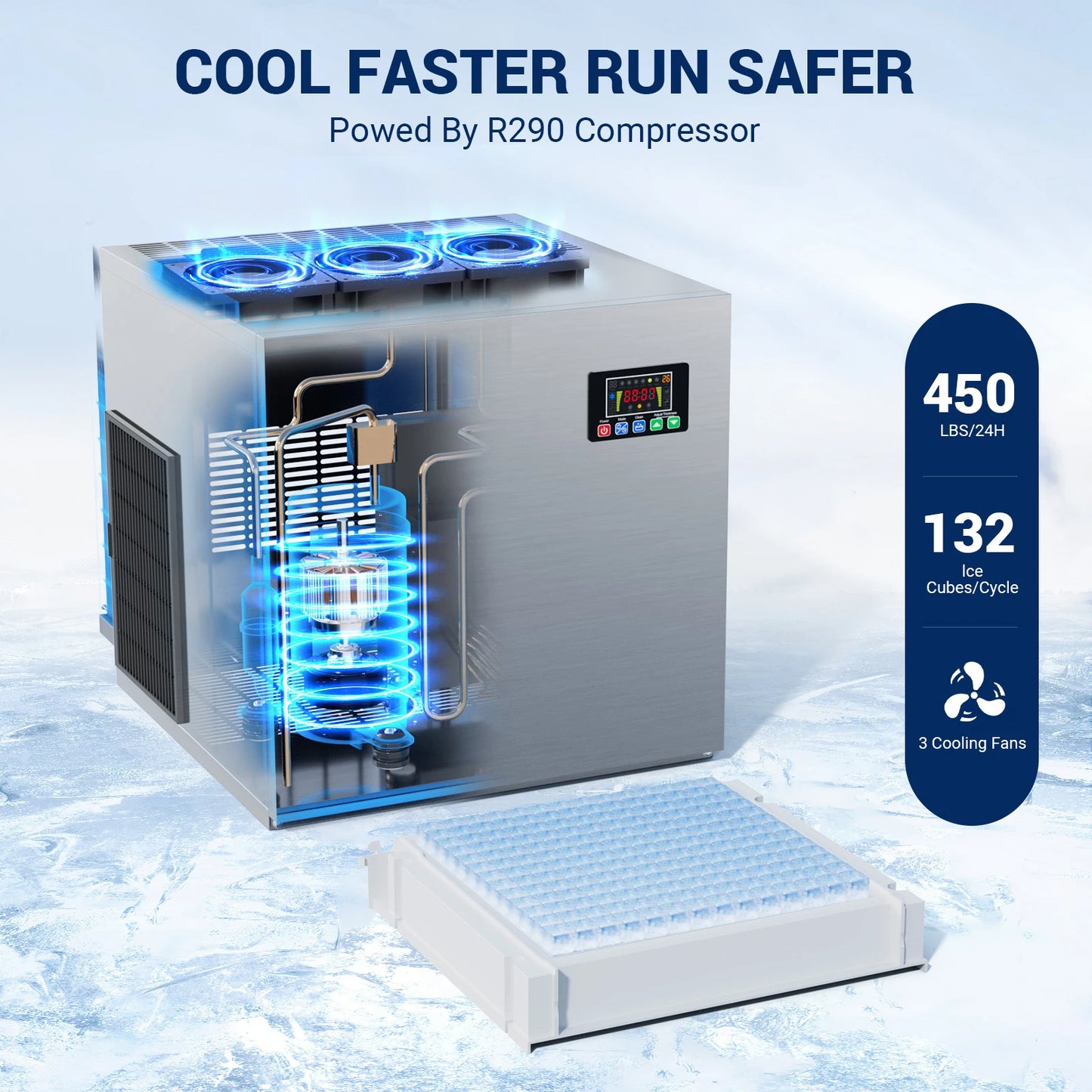 Commercial Ice Maker 350 LBS Storage – 132 Cubes per Cycle, Fast 5–15 Min Ice, Adjustable Ice Thickness, Heavy-Duty Industrial Ice Machine
