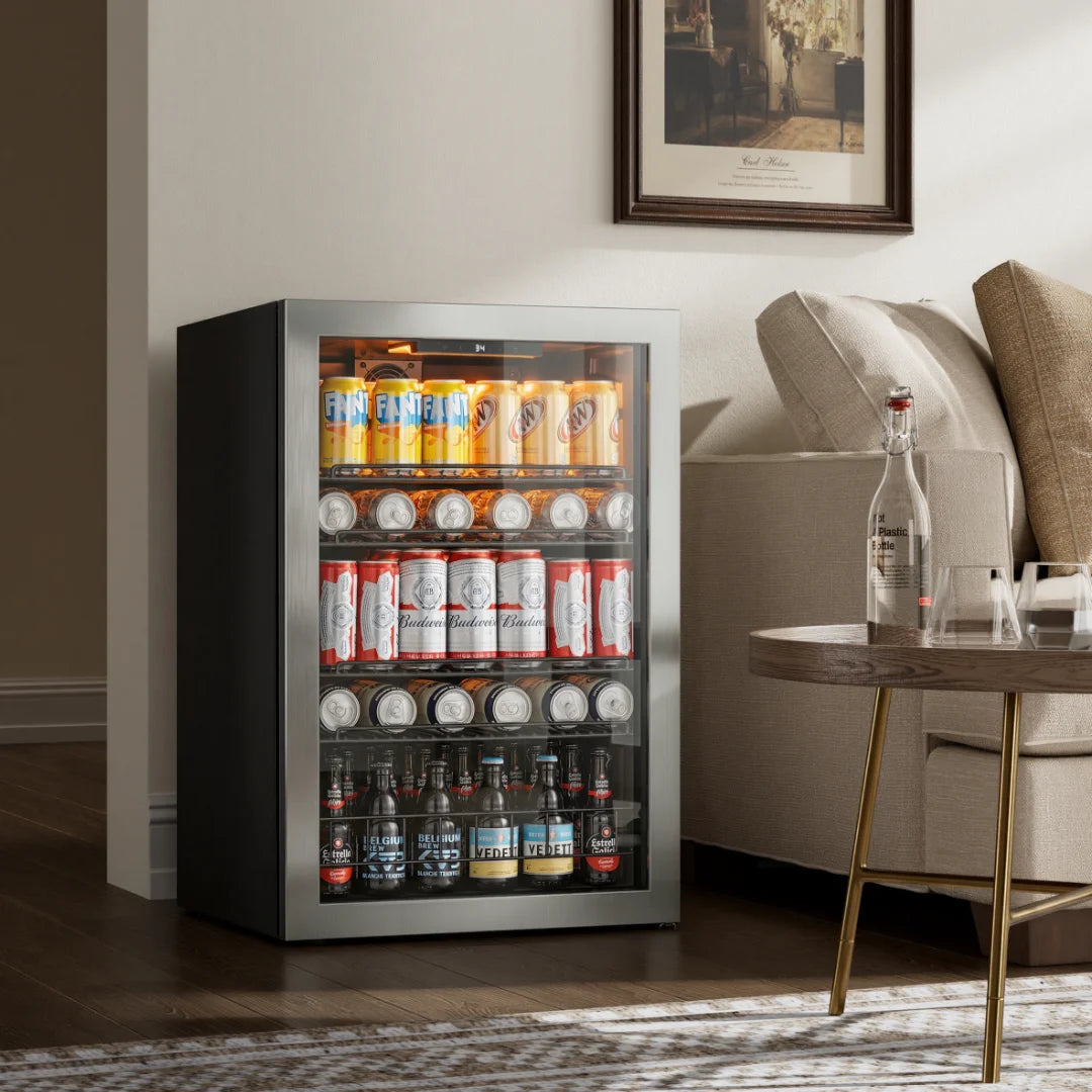 Beverage Cooler – 3.1/3.35/4.59 Cu.Ft (88/95/130L), Single Temperature Zone, Direct Cooling Beer & Drink Refrigerator with LED Ambient Lighting, for Kitchen, Office, Living Room & Bar Counter