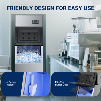 Commercial Ice Maker 580 LBS/24H – 300 LBS Storage Bin, 132 Cubes per Cycle, Heavy-Duty Stainless Steel Ice Machine with Adjustable Feet