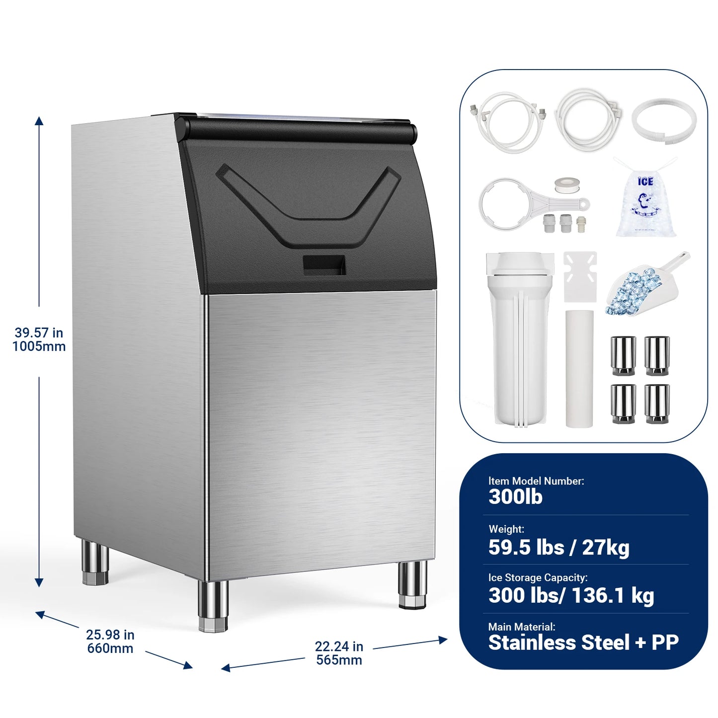 Commercial Ice Maker 580 LBS/24H – 300 LBS Storage Bin, 132 Cubes per Cycle, Heavy-Duty Stainless Steel Ice Machine with Adjustable Feet