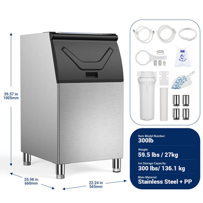 Commercial Ice Maker 580 LBS/24H – 300 LBS Storage Bin, 132 Cubes per Cycle, Heavy-Duty Stainless Steel Ice Machine with Adjustable Feet
