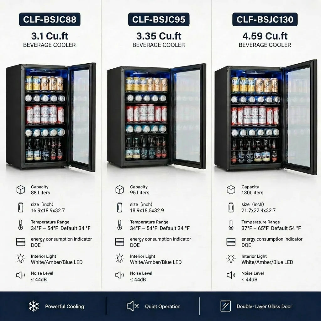 Beverage Cooler – 3.1/3.35/4.59 Cu.Ft (88/95/130L), Single Temperature Zone, Direct Cooling Beer & Drink Refrigerator with LED Ambient Lighting, for Kitchen, Office, Living Room & Bar Counter