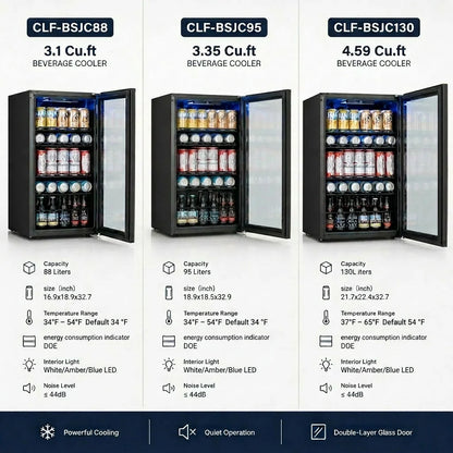 Beverage Cooler – 3.1/3.35/4.59 Cu.Ft (88/95/130L), Single Temperature Zone, Direct Cooling Beer & Drink Refrigerator with LED Ambient Lighting, for Kitchen, Office, Living Room & Bar Counter