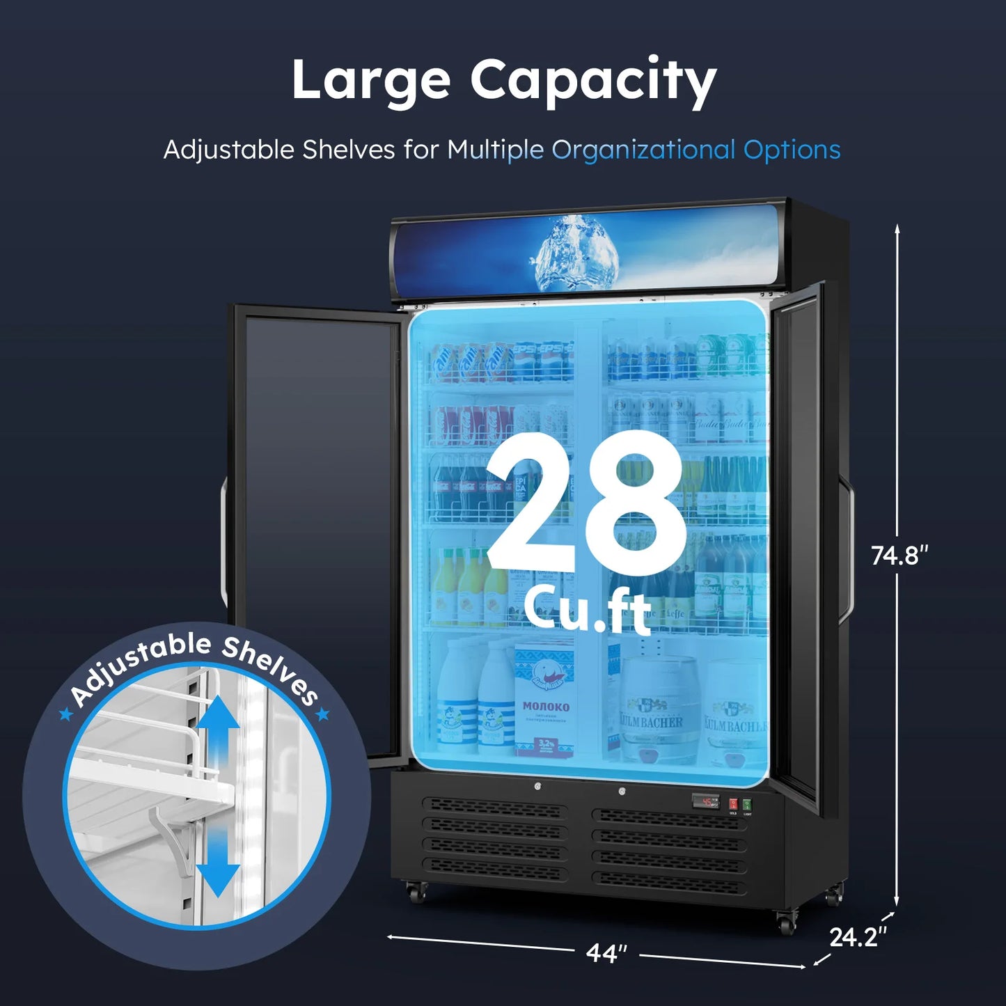 28 Cu Ft Commercial Beverage Merchandiser Refrigerator – Double Glass Door, Built-in & Front LED Lighting, Display Fridge for Retail, Convenience Store & Café
