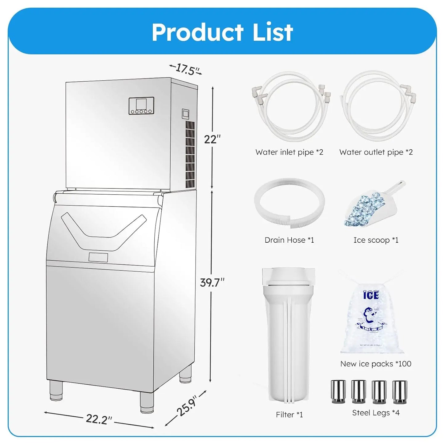 Commercial Ice Maker 680 LBS/24H – 560 LBS Storage Bin, Self-Cleaning Industrial Ice Machine, Heavy-Duty Stainless Steel for High-Volume Commercial Use