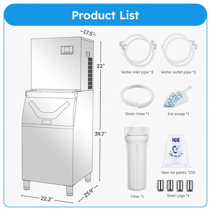 Commercial Ice Maker 680 LBS/24H – 560 LBS Storage Bin, Self-Cleaning Industrial Ice Machine, Heavy-Duty Stainless Steel for High-Volume Commercial Use