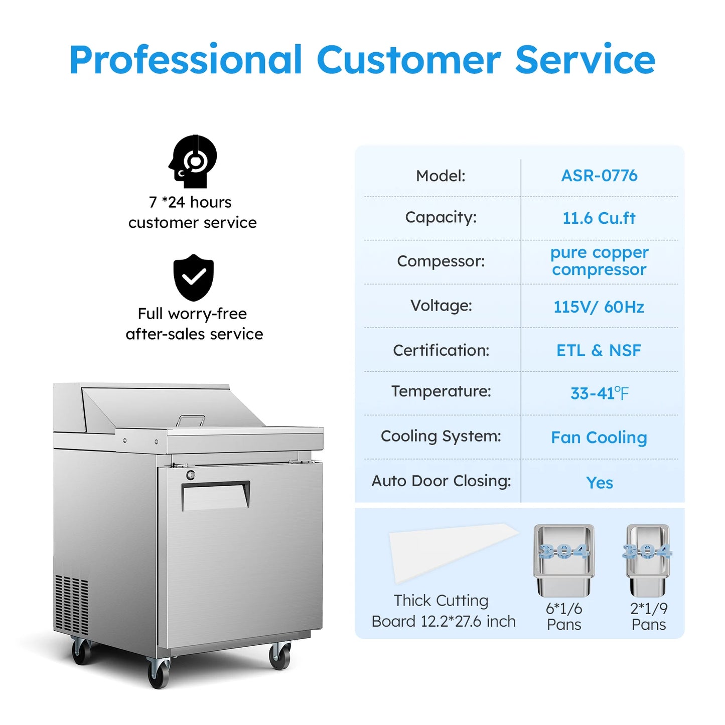 27" Commercial Sandwich & Salad Prep Table Refrigerator – 11.6 Cu.Ft Frost-Free Food Prep Fridge for Restaurant, Bar & Kitchen