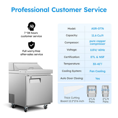 27" Commercial Sandwich & Salad Prep Table Refrigerator – 11.6 Cu.Ft Frost-Free Food Prep Fridge for Restaurant, Bar & Kitchen
