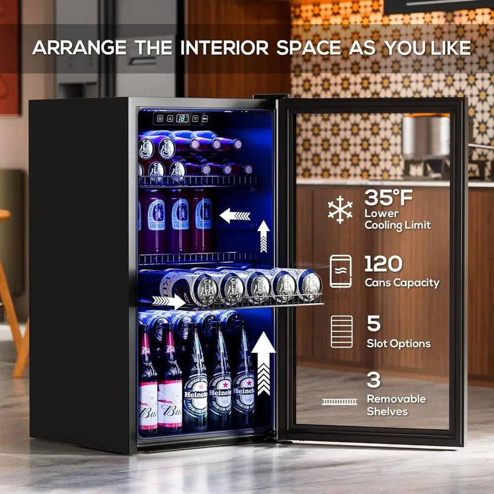 Mini Glass Door Beverage Cooler – 130-Can Capacity, 3.2 Cu.Ft, Adjustable Shelves, Digital Temperature Display, Black Compact Refrigerator