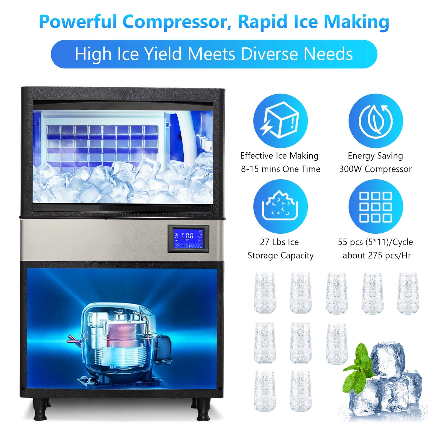 Commercial Ice Maker 110–264 LBS/24H – Stainless Steel Under Counter Ice Machine, Auto Operation for Home, Bar & Café