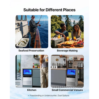 Commercial Ice Maker 130 LBS/24H – 33 LBS Storage Bin, 45 Cubes per Cycle, Stainless Steel Freestanding & Under Counter Ice Machine with LED Display & Self-Cleaning for Home, Bar & Restaurant