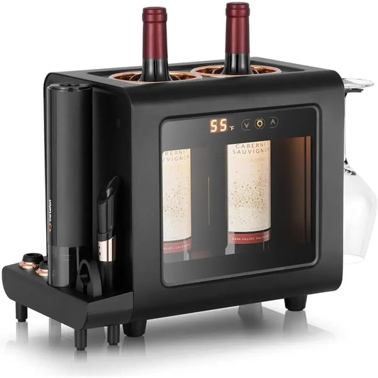 Electric Wine Chiller Set | 46–64°F Wine Cooler for 2 Standard Bottles (3.6” Diameter) with Electric Opener & 2 Glasses | All-in-One Wine Gift Set for Home Use