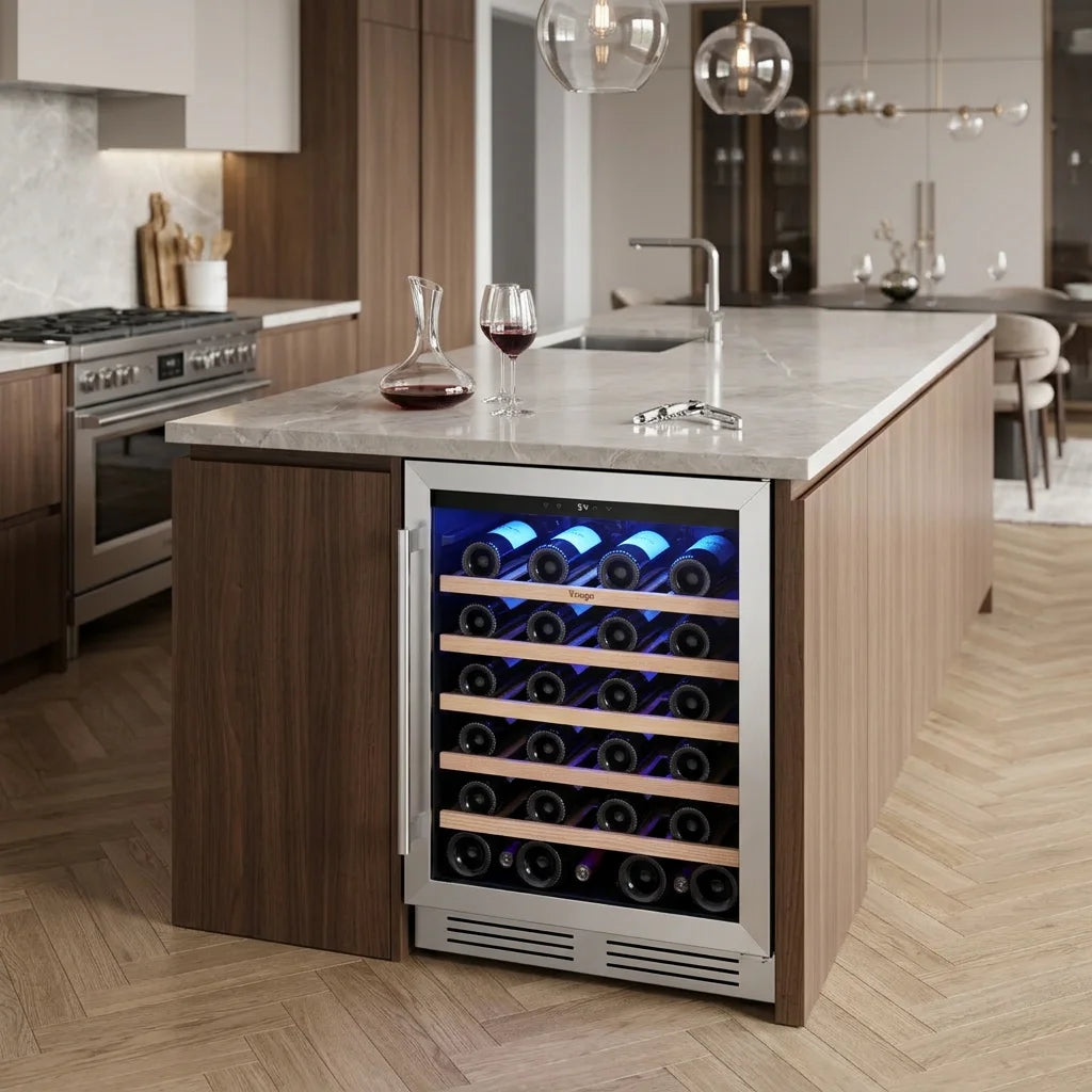 52-Bottle Wine Cooler, 5.12 Cu. Ft. Compressor Wine Fridge with Single Temperature Zone, Air Cooling, Blue LED Light, Door Lock & Auto Defrost
