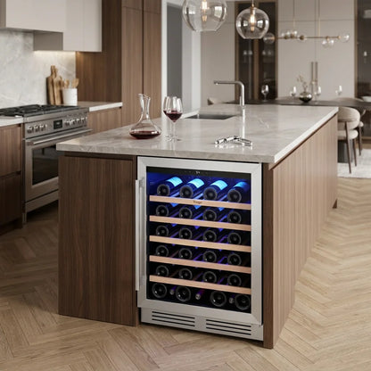 52-Bottle Wine Cooler, 5.12 Cu. Ft. Compressor Wine Fridge with Single Temperature Zone, Air Cooling, Blue LED Light, Door Lock & Auto Defrost