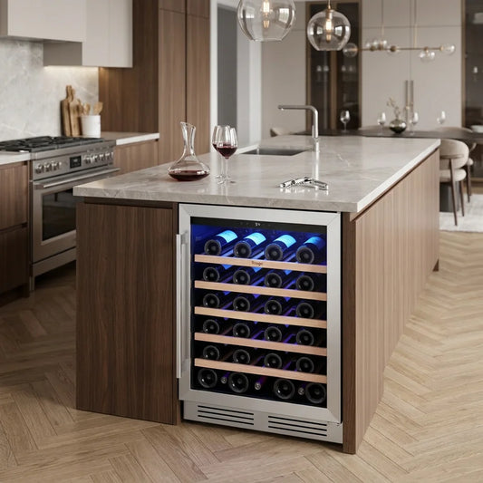 52-Bottle Wine Cooler, 5.12 Cu. Ft. Compressor Wine Fridge with Single Temperature Zone, Air Cooling, Blue LED Light, Door Lock & Auto Defrost