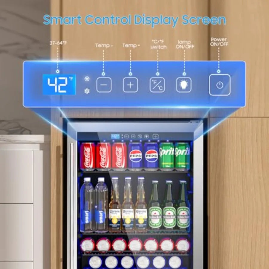 24 Inch Beverage Refrigerator Cooler | 180 Can Capacity Stainless Steel Black Fridge with Glass Door & Adjustable Temperature (37–64°F) for Kitchen, Home Bar & Office