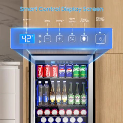 24 Inch Beverage Refrigerator Cooler | 180 Can Capacity Stainless Steel Black Fridge with Glass Door & Adjustable Temperature (37–64°F) for Kitchen, Home Bar & Office