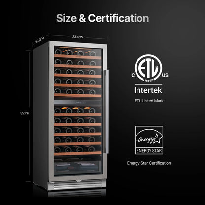 90 Bottle Dual Zone Wine Cooler Fridge 275L | Built-in Wine Refrigerator with Dual NTC Sensor, Electronic Temperature Control 5–18°C, ETL Energy Star, 41dB Low Noise Wine Cabinet for Home Bar & Kitchen